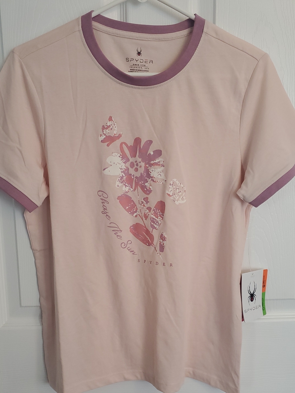 Spyder Women's Light Pink Floral Short Sleeve Tee with Mauve Trim